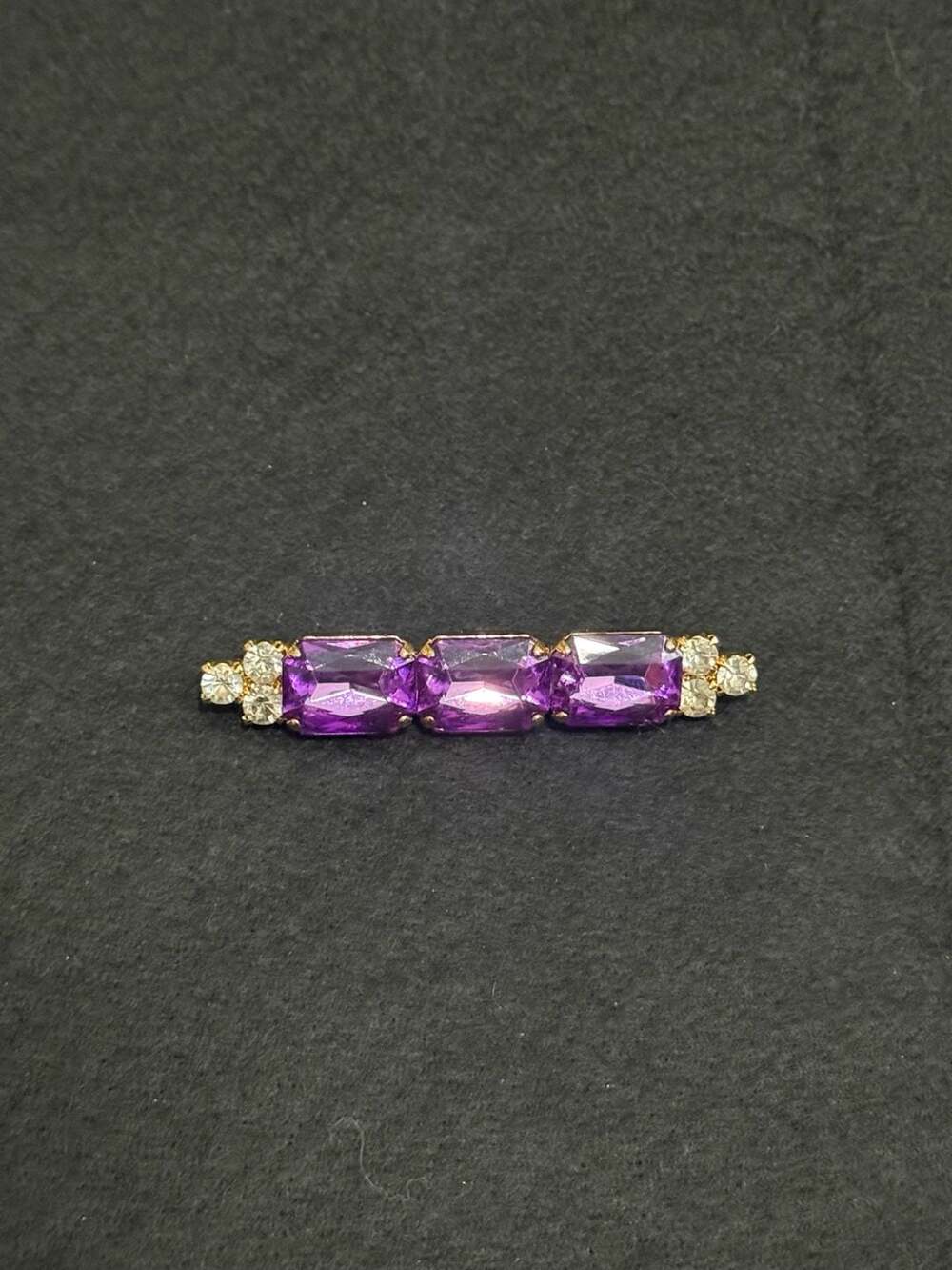 Vintage Gold Tone Purple Emerald Cut Crystal Rhinestone Bar Brooch